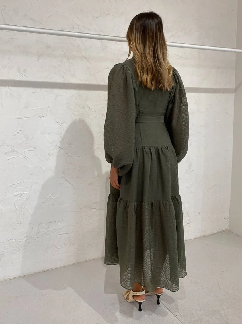 Shona Joy Charlotte High Neck Midi Dress in Khaki