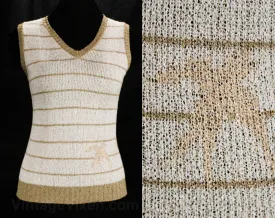 Size 0 Novelty Knit Tank - 1970s Paris France Top - Birds On A Wire - XXS Sleeveless Summer Shirt - Beige Cream Peach Swallows - Bust 32