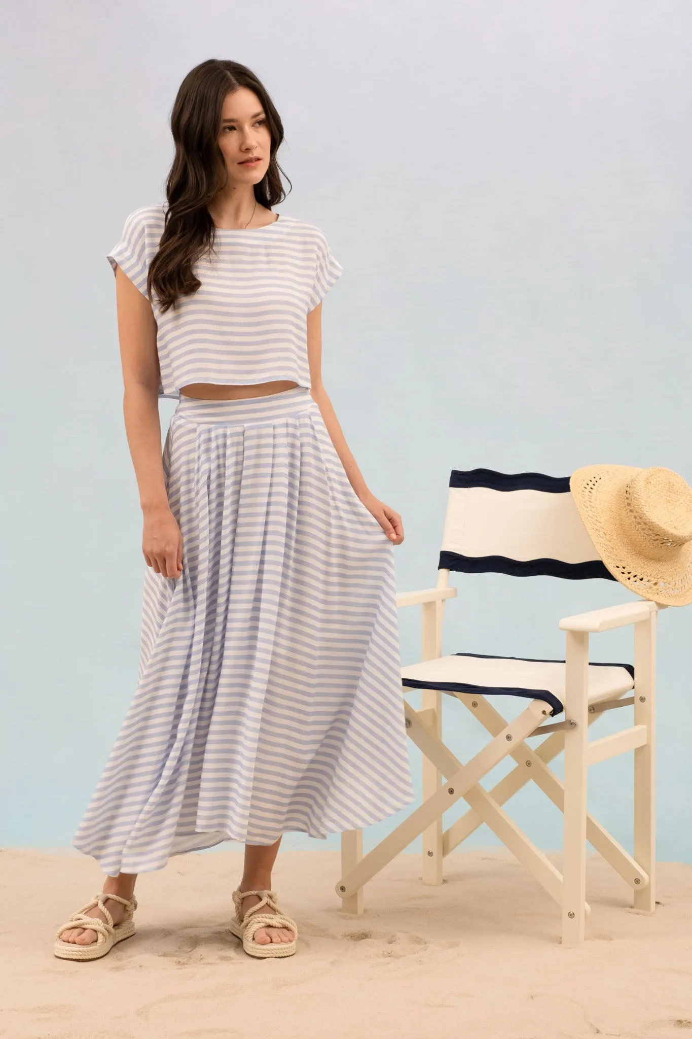 STRIPE HIGH WAIST PLEATED MIDI SKIRT