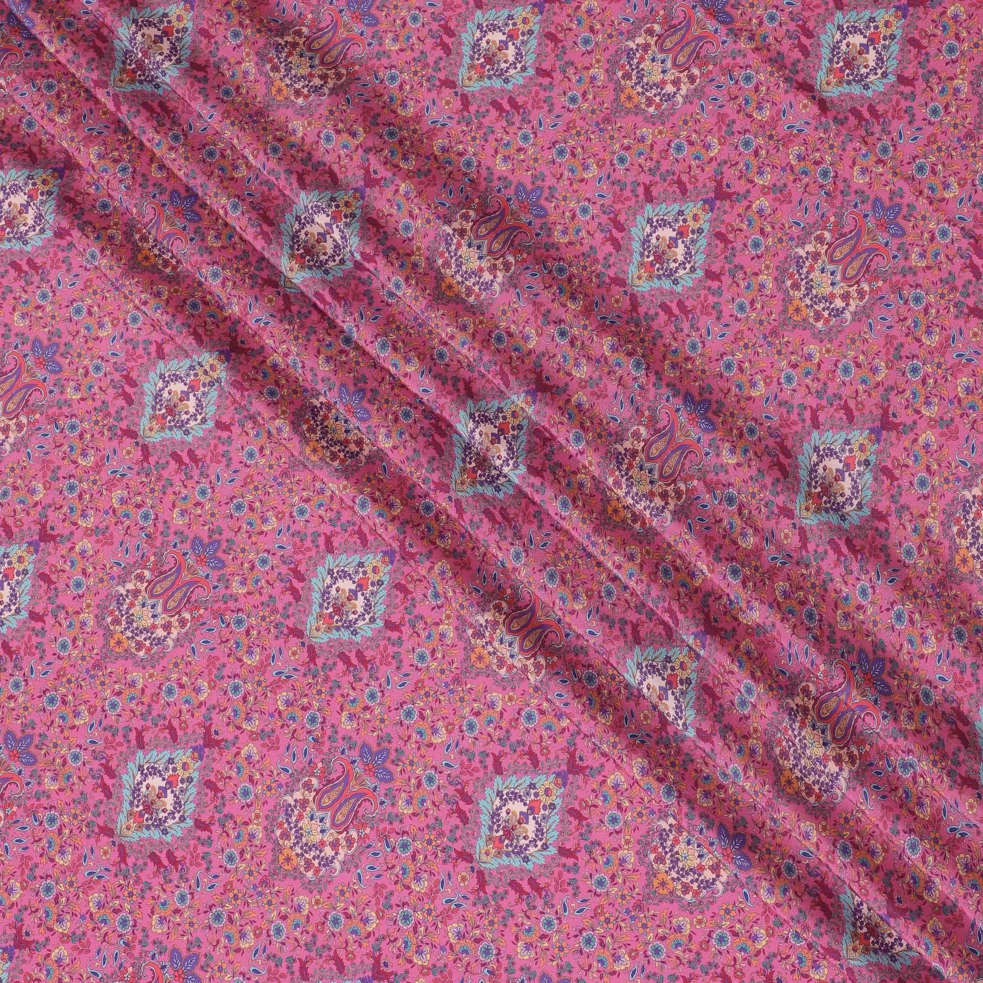 Taffy pink synthetic crepe fabric with multicolor print in floral design-D15036