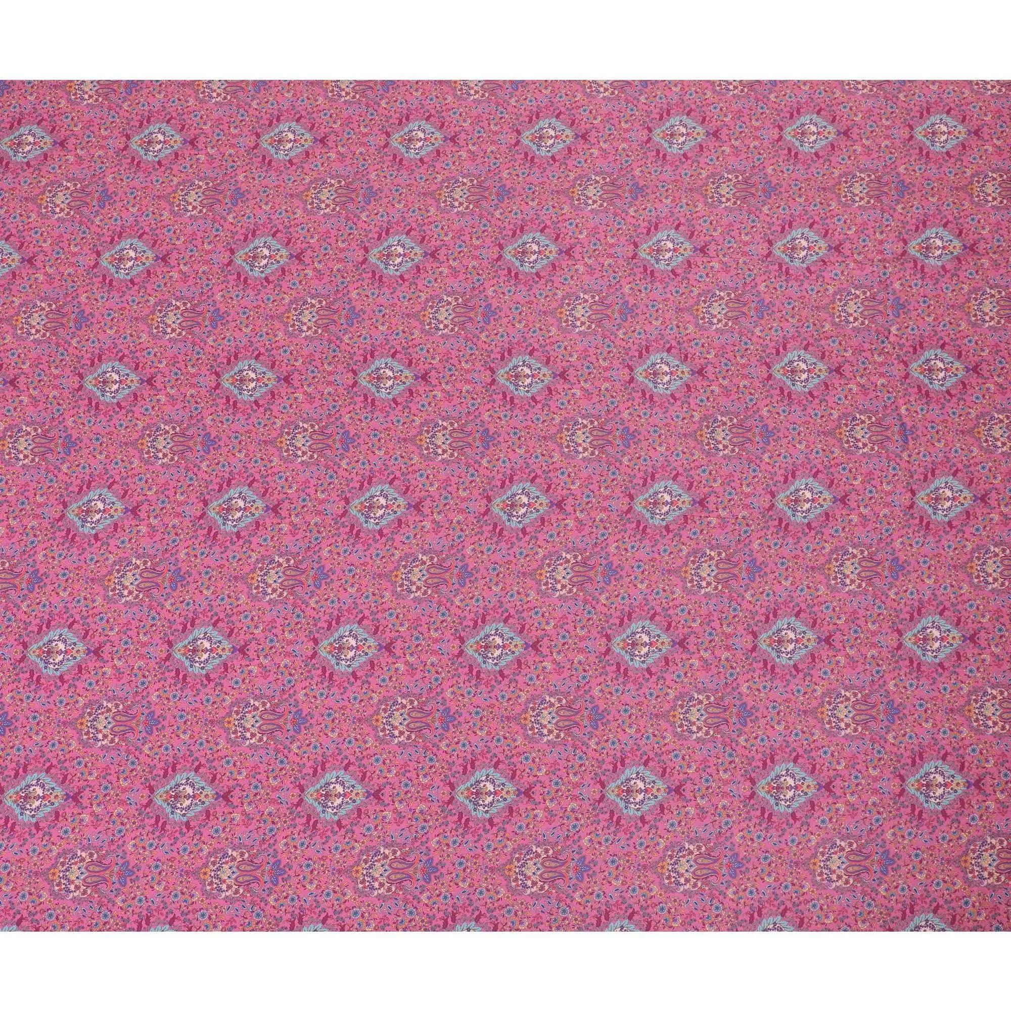 Taffy pink synthetic crepe fabric with multicolor print in floral design-D15036