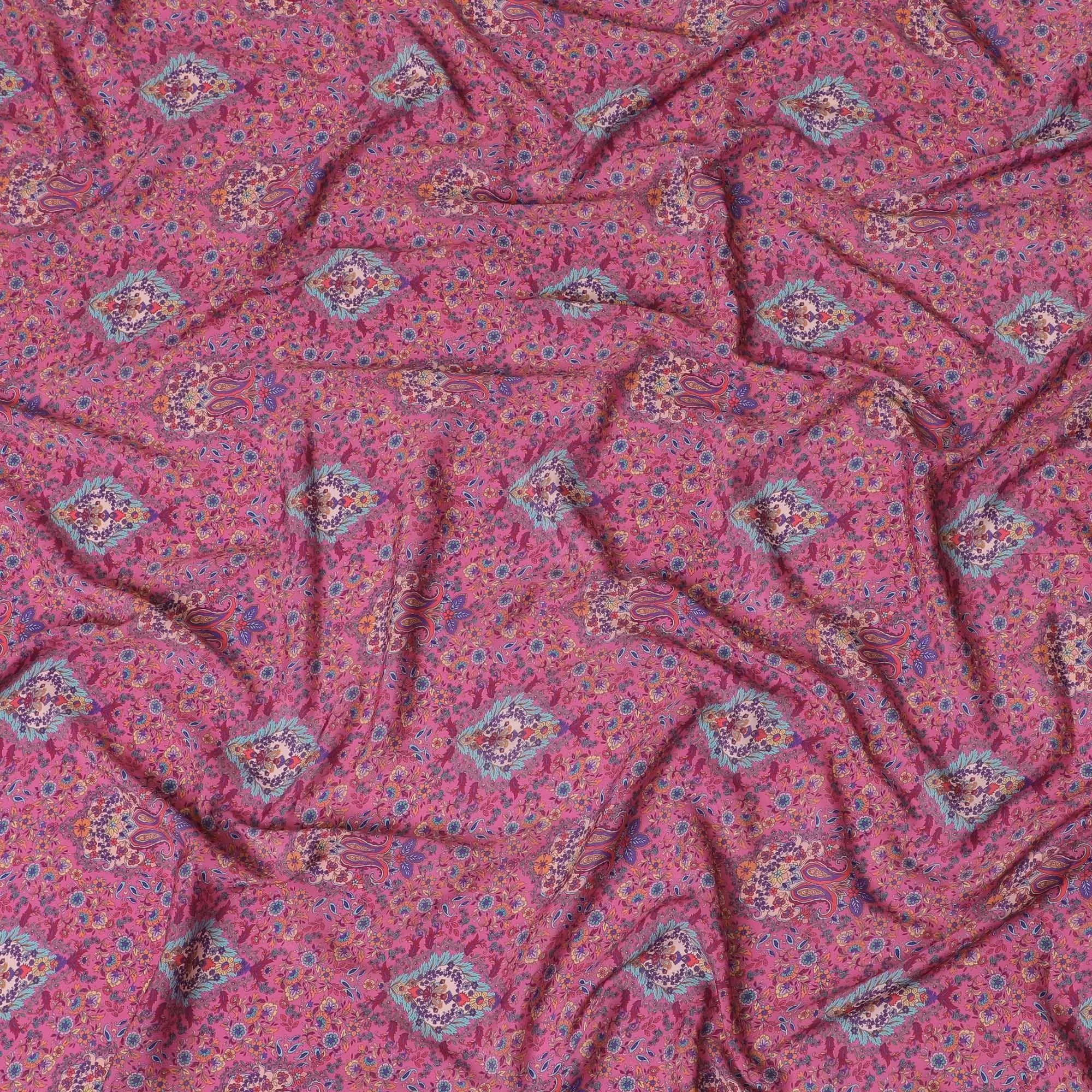 Taffy pink synthetic crepe fabric with multicolor print in floral design-D15036