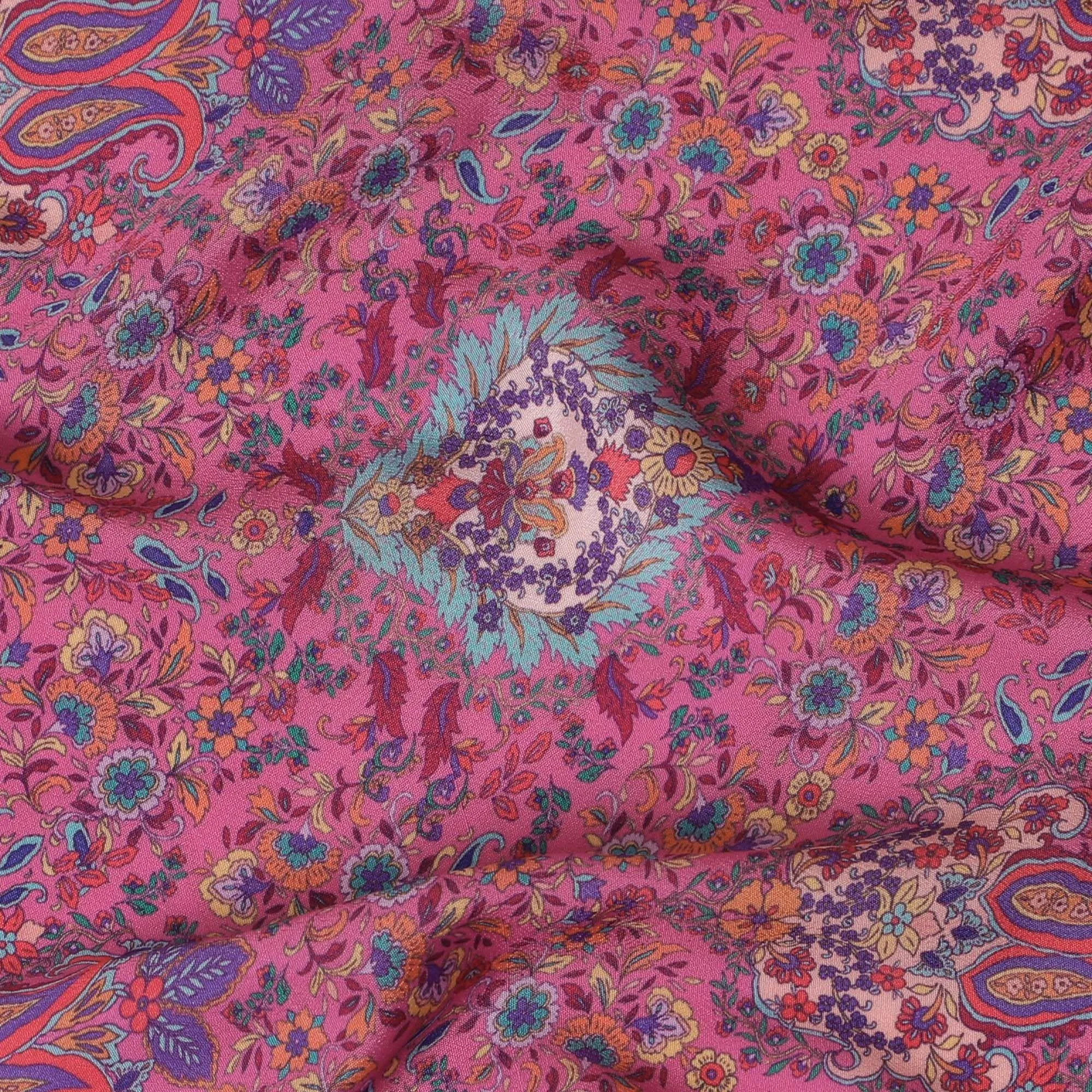 Taffy pink synthetic crepe fabric with multicolor print in floral design-D15036