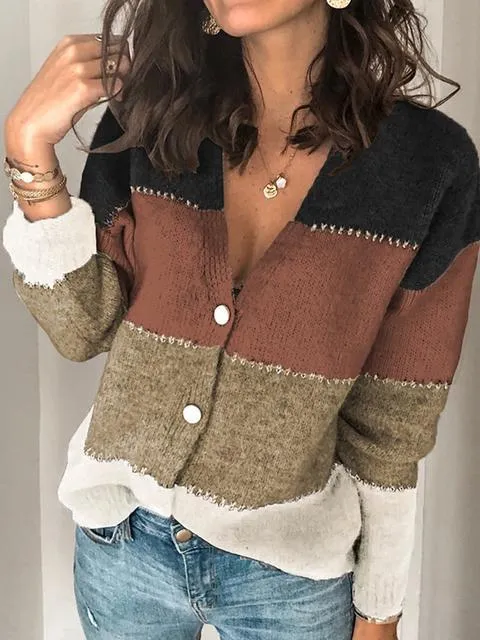 V Neck Buttoned Closure Colorblock Sweater Cardigan