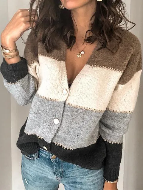 V Neck Buttoned Closure Colorblock Sweater Cardigan