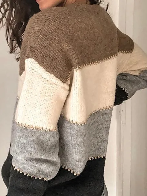 V Neck Buttoned Closure Colorblock Sweater Cardigan