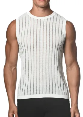 Vertical Stripe Textured Knit Vest (White Sheer)