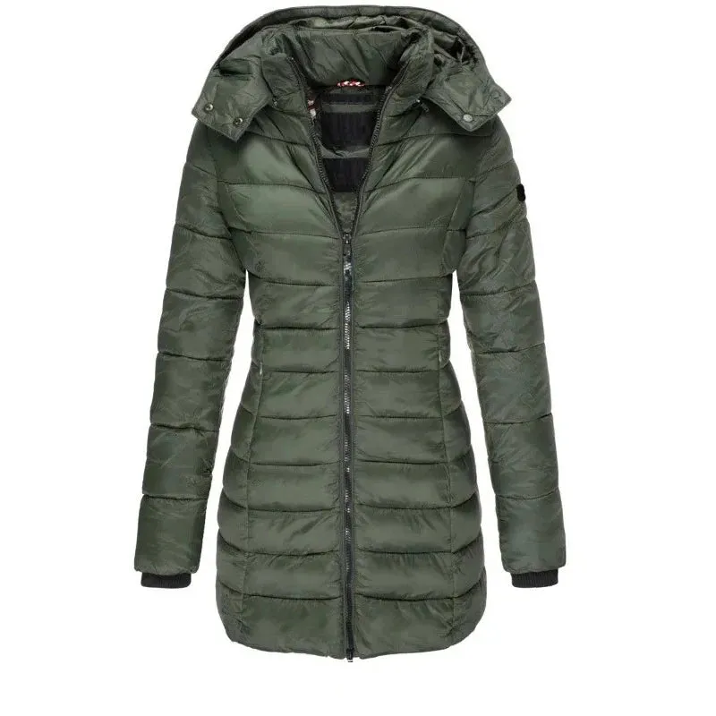 Winter Thicken Warm Women Parkas Solid Color Zippers Coats Long Sleeve Padded Puff Jacket Mid-Length Slim Female Hoodie Parkas