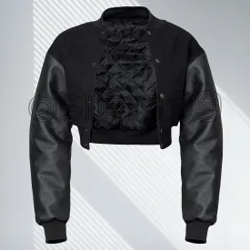 Women Varsity Crop Top Jacket Letterman Jackets Wool Body Genuine Leather Sleeves Crop Style Jacket