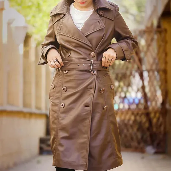 Women's Brown Double-Breasted Elegant Leather Trench Coat