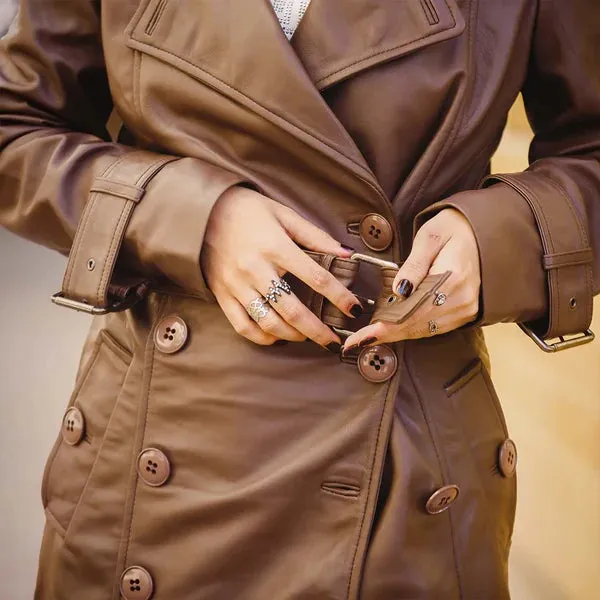 Women's Brown Double-Breasted Elegant Leather Trench Coat