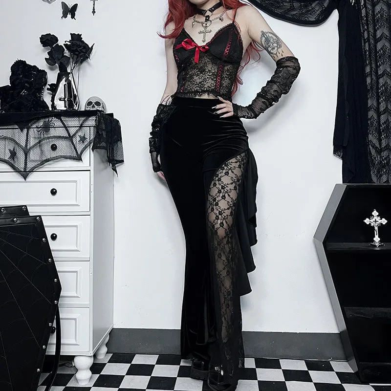 Women's Gothic Hollow Out Ruffle Trim Patchwork Flared Pants